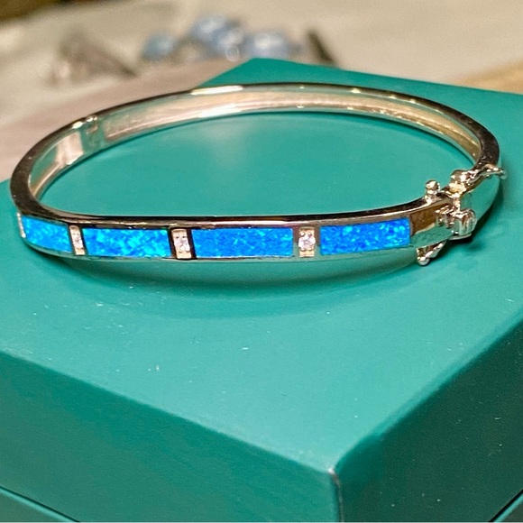 Natural Opal and lab diamonds gemstones set in rhodium plated SS bracelet - Picture 8 of 16